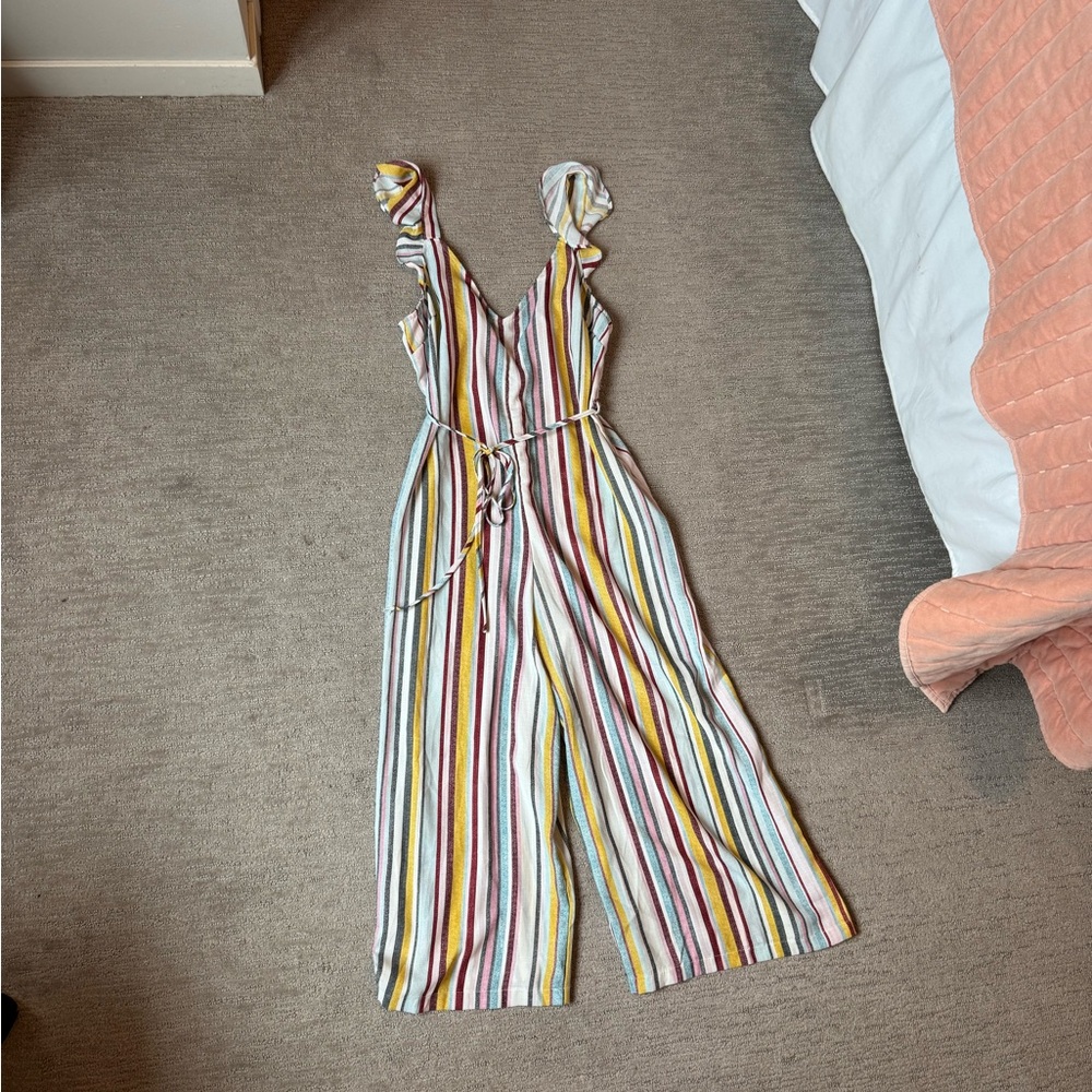 Francesca's Collections Striped Multi-Color Ruffled Strap Jumpsuit